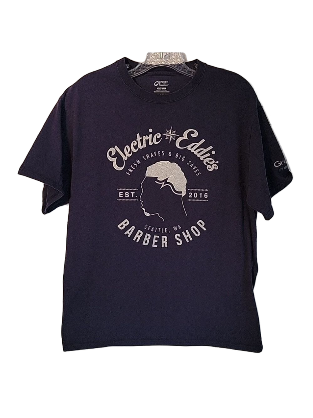 Electric Eddie's Barber Shop Seattle, WA T-Shirt, Unisex, Blue, Size Medium